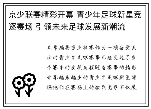 京少联赛精彩开幕 青少年足球新星竞逐赛场 引领未来足球发展新潮流