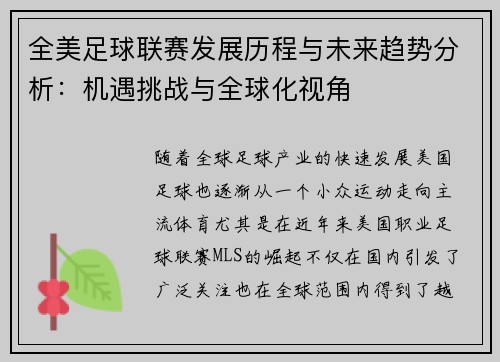 全美足球联赛发展历程与未来趋势分析：机遇挑战与全球化视角