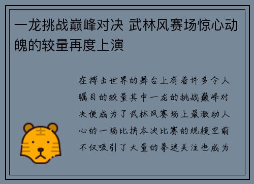 一龙挑战巅峰对决 武林风赛场惊心动魄的较量再度上演